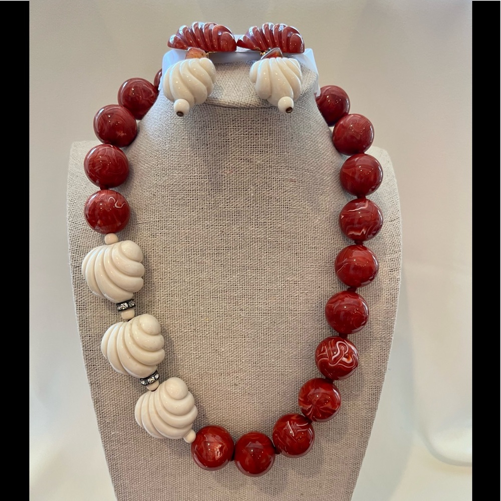 Vintage Red Coral and Ivory Choker and Earring Set